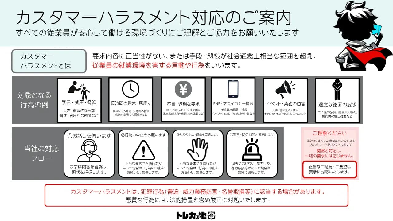 カスタマーハラスメント対応のご案内。暴言・威圧・脅迫、長時間の拘束・居座り、不当・過剰な要求、SNS・プライバシー侵害、イベント・業務の妨害、過度な謝罪の要求などを対象とし、まずお話しを伺ったうえで行為の中止をお願いし、改善されない場合は対応の中止・退去要請、警察・関係機関との連携を行います。正当なご意見・ご要望には真摯に対応いたします。