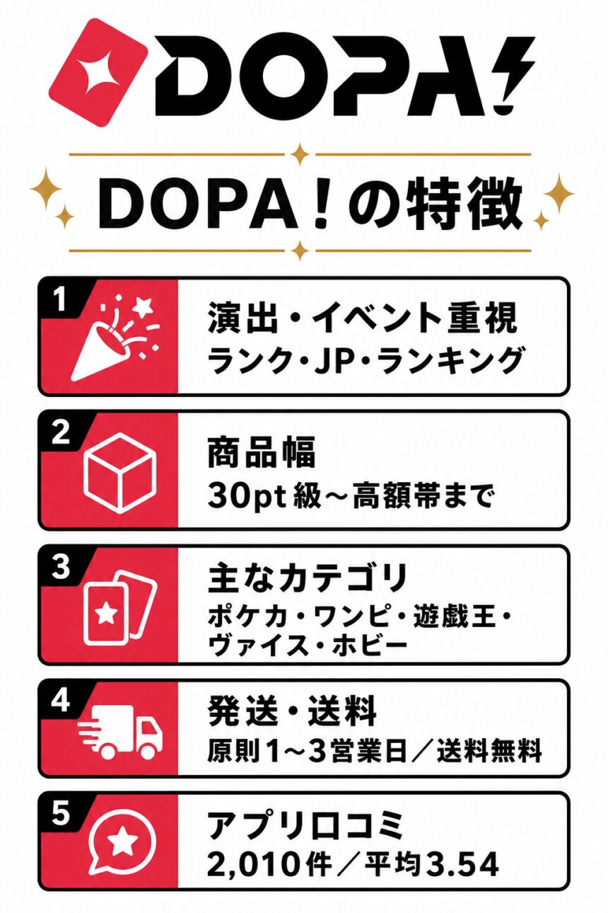 DOPA!の特徴。演出とイベント、商品幅、取扱カテゴリ、発送と送料、アプリ口コミの要点